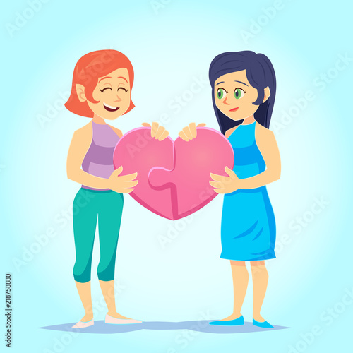 happy gay cute homosexual spouses Smiling young women lesbian lovingly put together heart-shaped puzzle. Couple in love. Vector illustration in cartoon style