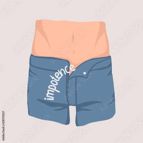Men's waist and hips and jeans with unzipped fly. Concept of impotence, erectile dysfunction, inability to obtain or maintain erection during sexual activity. Colorful vector illustration.