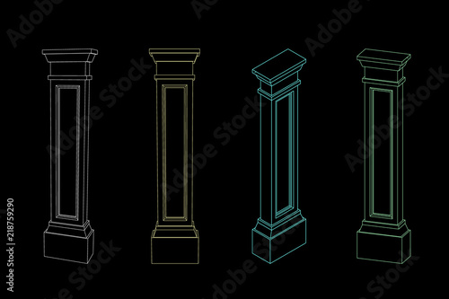 Column pilaster. Vector outline illustration. Different viewes.
