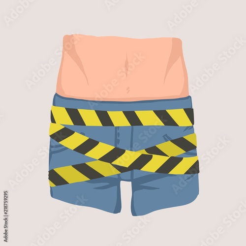 Men's groin coiled with barricade or caution tape. Concept of impotence, erectile dysfunction or malfunction, inability to obtain penile erection during sexual activity. Colored vector illustration.