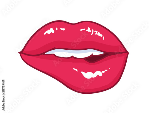 Sexy mouth with bright red glossy bitten lips isolated on white background