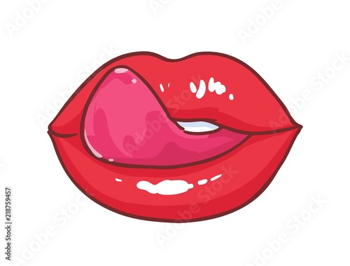 Beautiful plump glossy lips and tongue licking it isolated on white background
