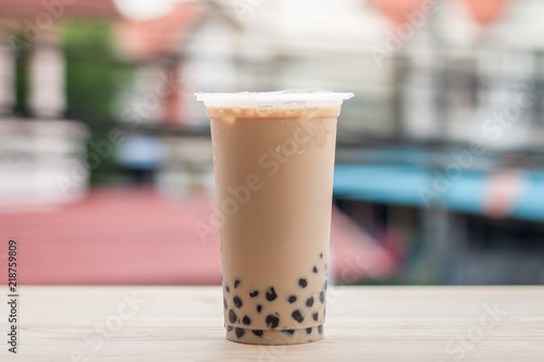 ice milk with bubble and boba in the plastic glass 