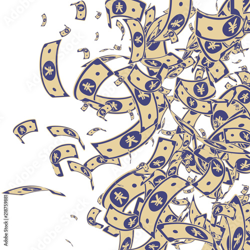 Chinese yuan notes falling. Messy CNY bills on white background. China money. Dramatic vector illust