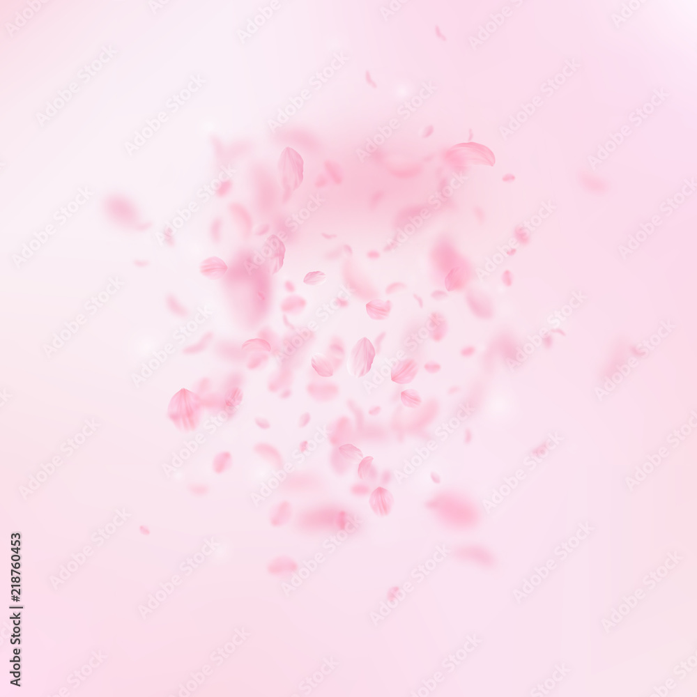 Sakura petals falling down. Romantic pink flowers explosion. Flying petals on pink square background