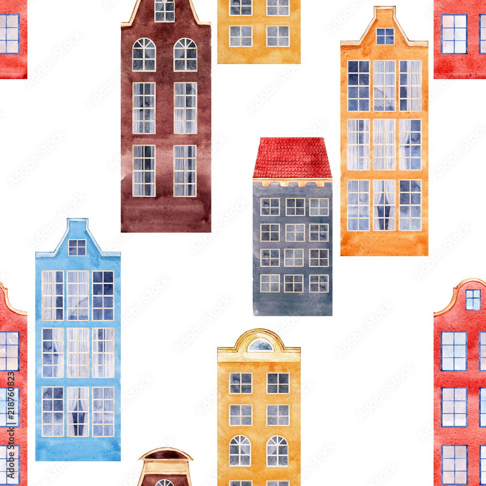 Watercolor house seamless pattern