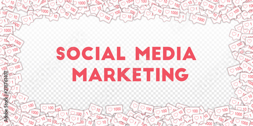 Social media icons. Social media marketing concept. Falling pink like counter. Wide scattered frame 