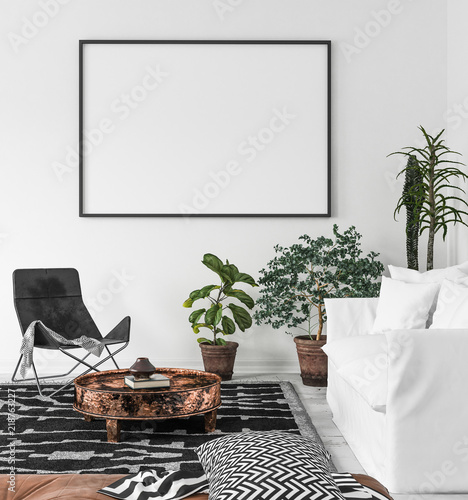 Mock-up poster frame in living room background, Scandi-Boho style, 3d render