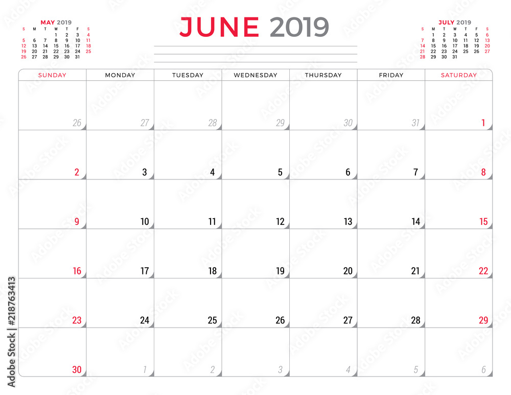 June 2019. Calendar planner stationery design template. Vector illustration. Week starts on Sunday