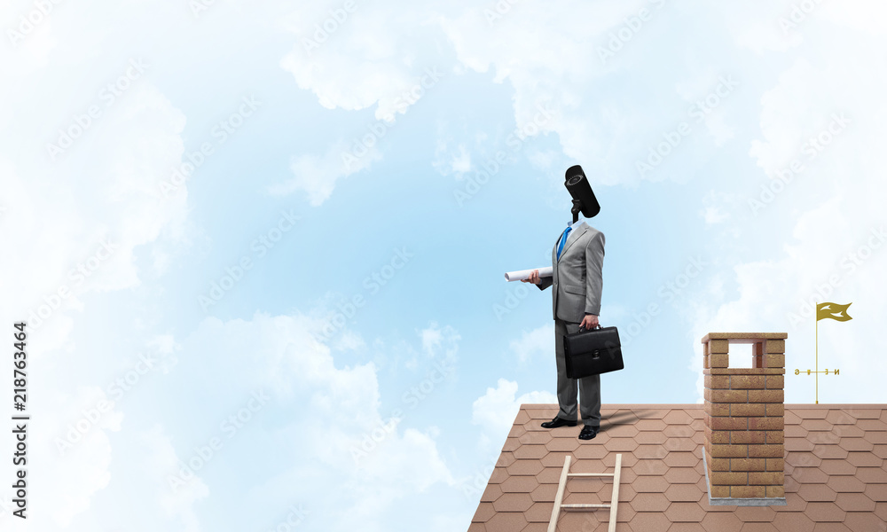 Concept of home security and privacy protection with camera headed man Concept of home security and privacy protection with camera headed man