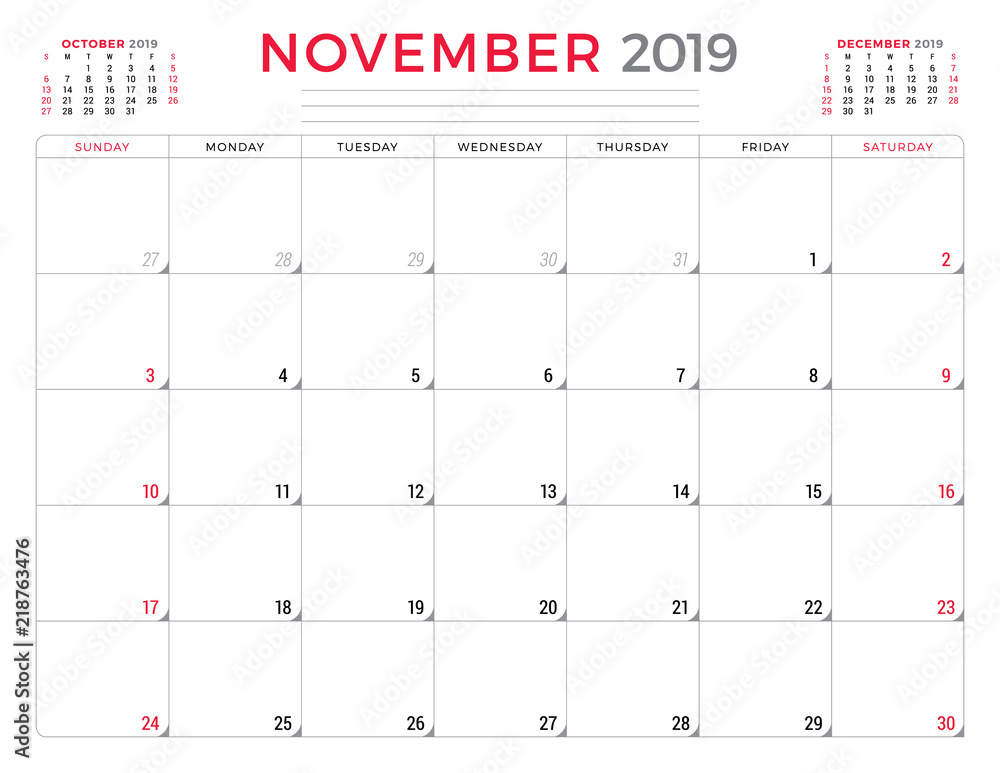 November 2019. Calendar planner stationery design template. Vector illustration. Week starts on Sunday