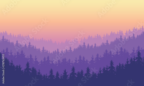Vector illustration dense coniferous forest on a hill under a morning or evening sky with purple dawn - with space for text