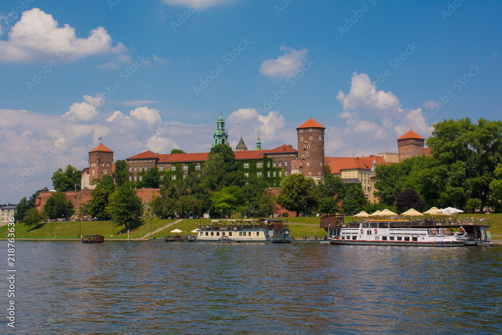 Wawel Castle Viewed from the Vistula river. The belltower of Wawel Cathedral can also be seen
