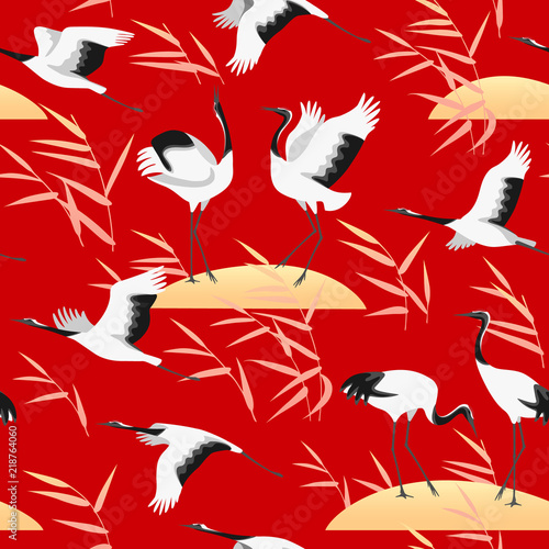 Seamless Pattern with Birds and Reed on Red