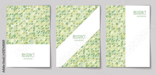 Set of vertical mosaic background with olive color triangle elements and white place for text. Vector illustration.