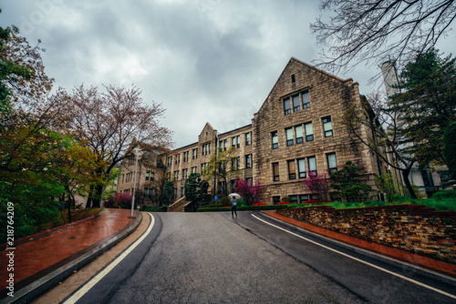 Photography Young asian woman traveler in lonely feeling holding umbrella traveling in Ewha womans university at Seoul, South Korea at rainy day