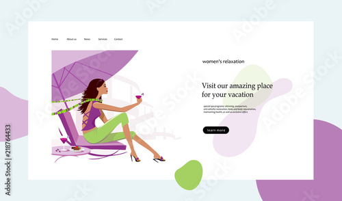 vector illustration of a beautiful woman on vacation and a party, web page for resorts, spa and magazines, girl is resting on a deckchair with a glass in her hand