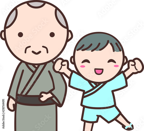  浴衣を着たおじいちゃんと男の子のイラスト