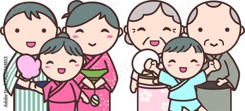 浴衣を着た2世帯家族のイラスト