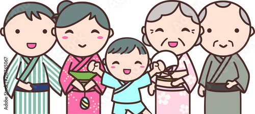 浴衣を着た2世帯家族のイラスト