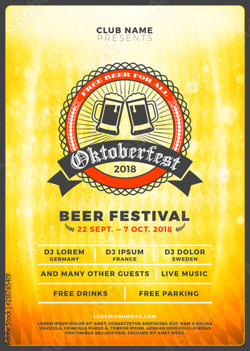 Oktoberfest beer festival celebration. Typography poster or flyer template for beer party. Vintage beer label on the golden beer background with light effects