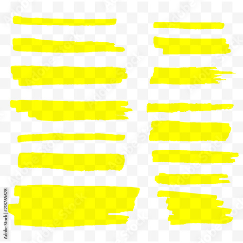 Highlighter brush set. Hand drawn yellow highlight marker stripes. Vector illustration