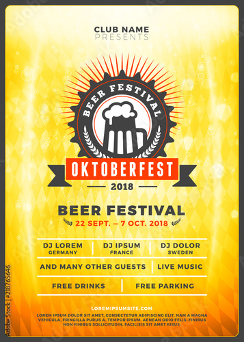 Oktoberfest beer festival celebration. Typography poster or flyer template for beer party. Vintage beer label on the golden beer background with light effects