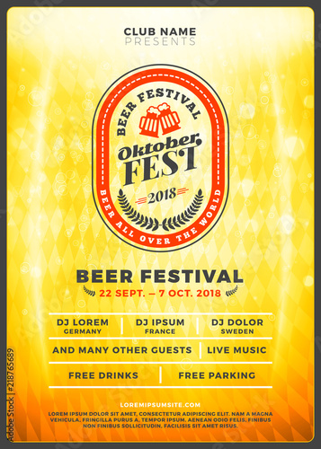 Oktoberfest beer festival celebration. Typography poster or flyer template for beer party. Vintage beer label on the golden beer background with light effects