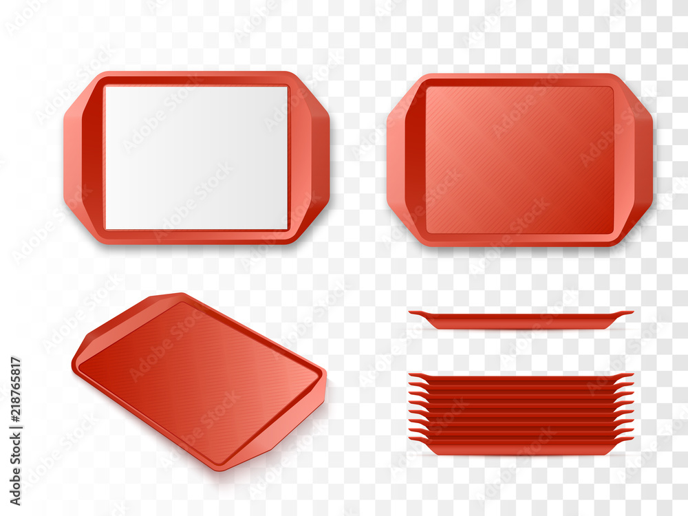Red Plastic Tray Salver set isolated. Vector mockup.