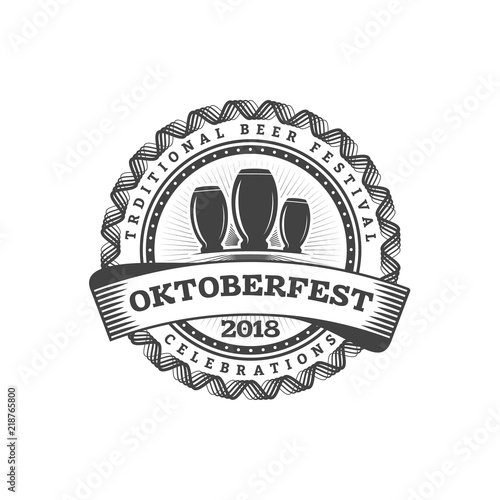 Oktoberfest celebration. Beer festival retro style badge, label, emblem. Black on white background. Vector illustration. Beer label template