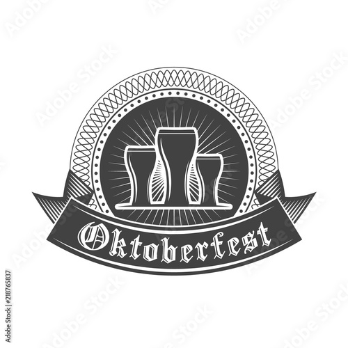 Oktoberfest celebration. Beer festival retro style badge, label, emblem. Black on white background. Vector illustration. Beer label template