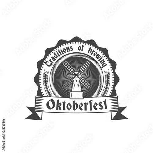 Oktoberfest celebration. Beer festival retro style badge, label, emblem. Black on white background. Vector illustration. Beer label template