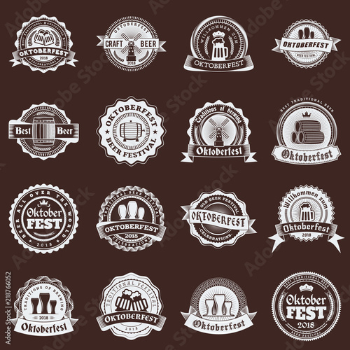 Beer festival Oktoberfest celebrations. Set of retro vintage beer badges, labels, logos for bar, pub, beer party. Vector design elements. White on brown background