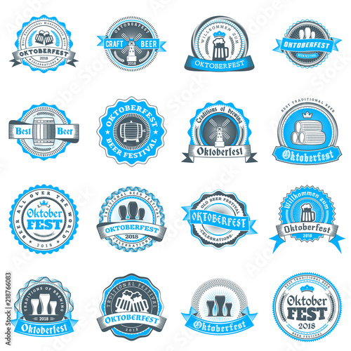 Beer festival Oktoberfest celebrations. Set of retro vintage beer badges, labels, logos for bar, pub, beer party. Vector design elements. Blue and black on white background