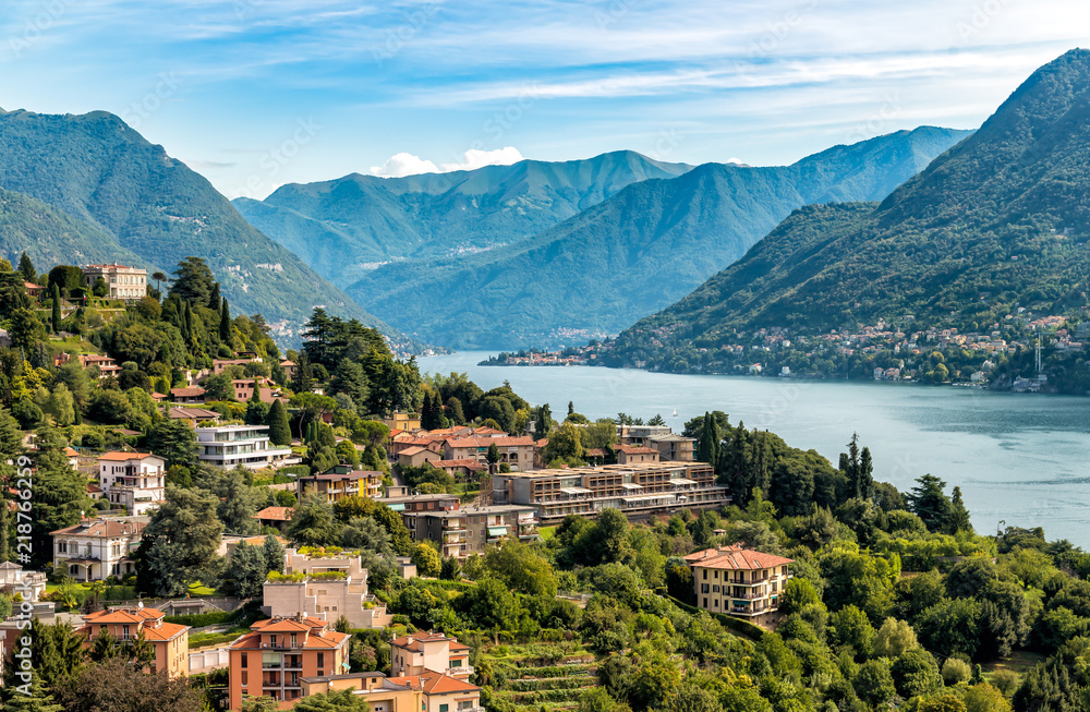 Fototapeta premium Summer landscape with Lake Como and mountains from the above of Como city, Ita