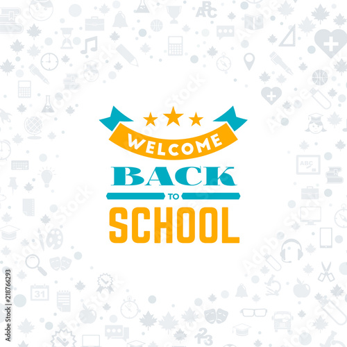 Back to school. Typographic badge design. Vector background with flat style school icons. Sale banner