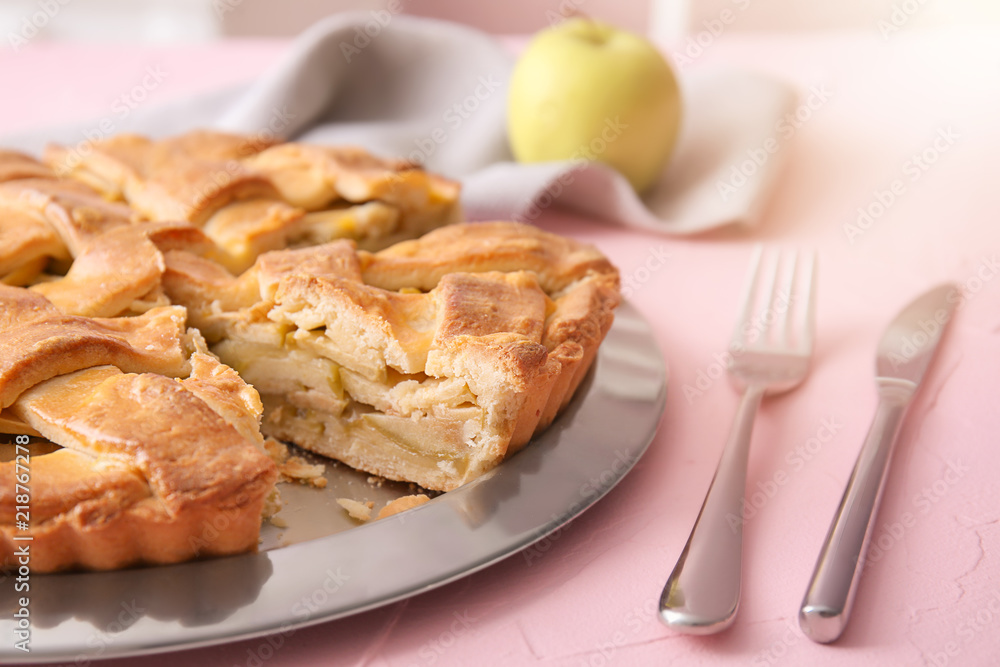 Plate with delicious apple pie on table, closeup Plate with delicious apple pie on table, closeup