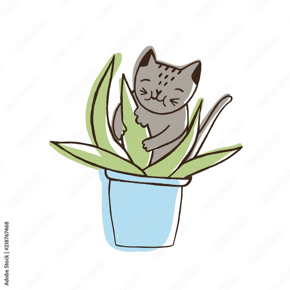 Adorable nasty cat eating houseplants. Naughty kitten gnawing plant growing  in pot. Problematic behavior of disobedient domestic animal or pet. Colored  hand drawn vector illustration in doodle style. Stock Vector | Adobe