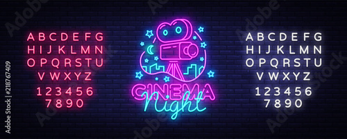 Cinema Night Neon Logo Vector. Movie Night neon sign, design template, modern trend design, night neon signboard, night light advertising, light banner, light art. Vector. Editing text neon sign