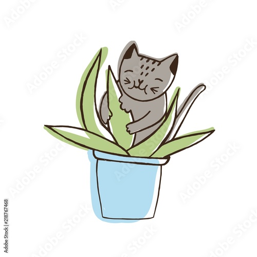Adorable nasty cat eating houseplants. Naughty kitten gnawing plant growing in pot. Problematic behavior of disobedient domestic animal or pet. Colored hand drawn vector illustration in doodle style.