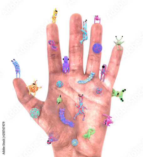 Hand of human with microbes and soap. Washing hands. Hygiene. 3d rendering.