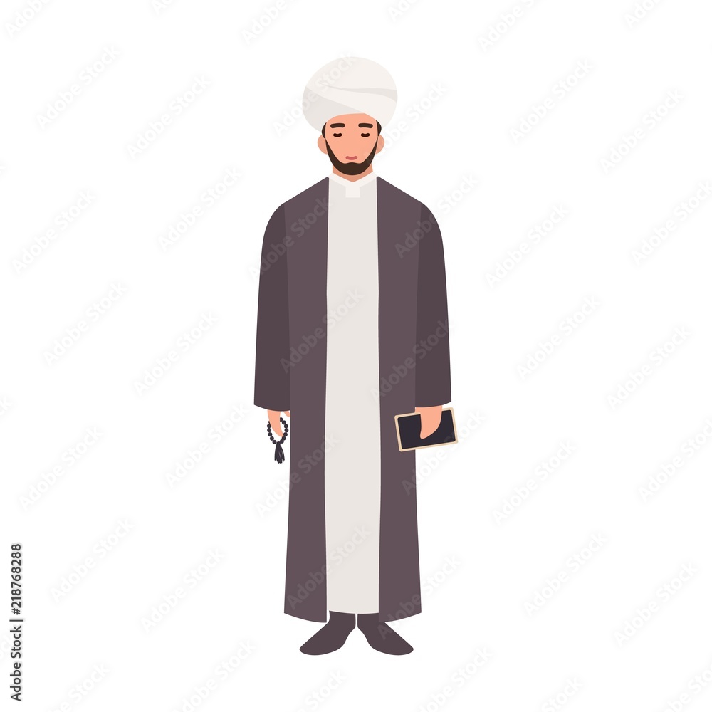 Mullah wearing turban and traditional clothes, holding beads and Quran book. Islamic clergyman, cleric or religious leader. Male cartoon character isolated on white background. Vector illustration. Mullah wearing turban and traditional clothes, holding beads and Quran book. Islamic clergyman, cleric or religious leader. Male cartoon character isolated on white background. Vector illustration.