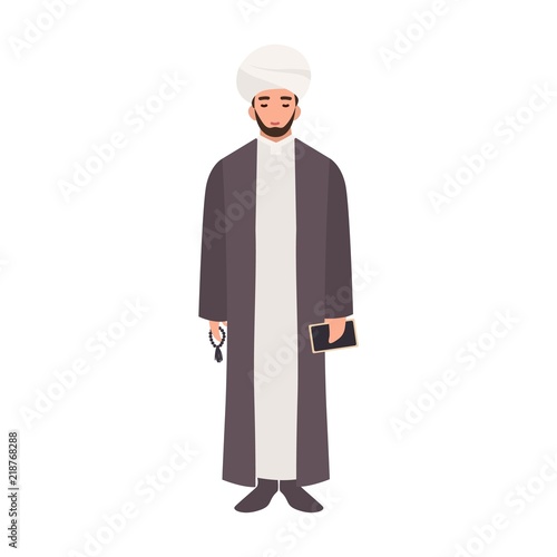 Mullah wearing turban and traditional clothes, holding beads and Quran book. Islamic clergyman, cleric or religious leader. Male cartoon character isolated on white background. Vector illustration.