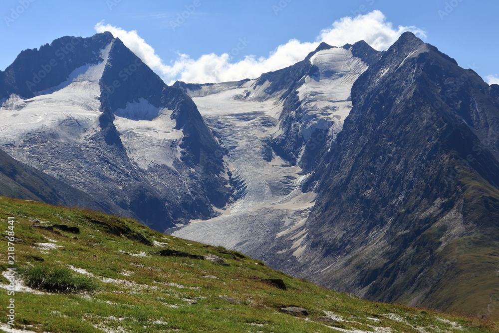 Sunlit alpine glaciers near Obergurgl, Oetztal in Tyrol, Austria.