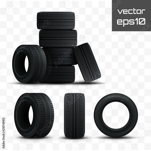 Tires set. 3d realistic car tires isolated on white. Vector