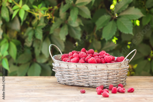 Basket with fresh raspberries on wooden table outdoors