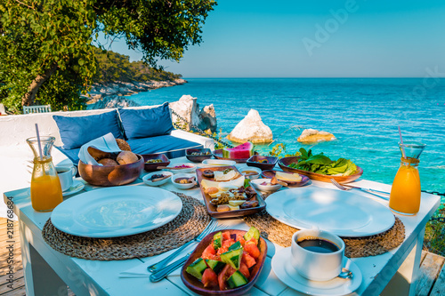 Fototapeta Naklejka Na Ścianę i Meble -  Turkish breakfast with a view over the ocean of Fethiye Turkey