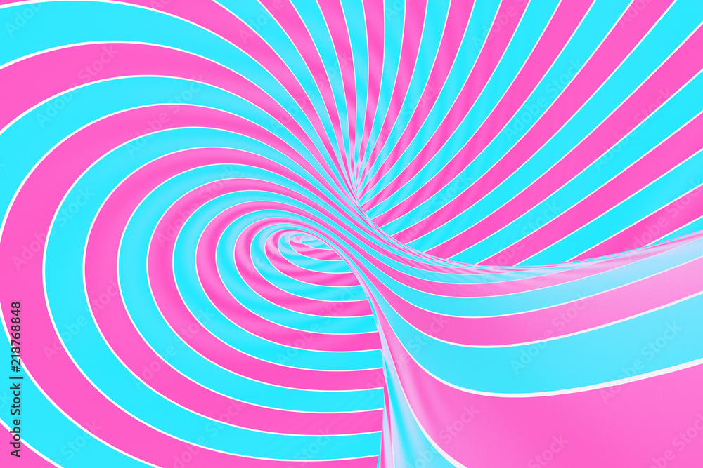 Confection festive pink and blue spiral tunnel. Striped twisted lollipop optical illusion. Abstract background. 3D render.