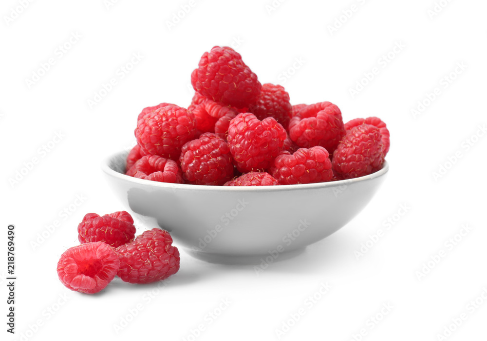 Bowl with fresh ripe raspberries on white background Bowl with fresh ripe raspberries on white background