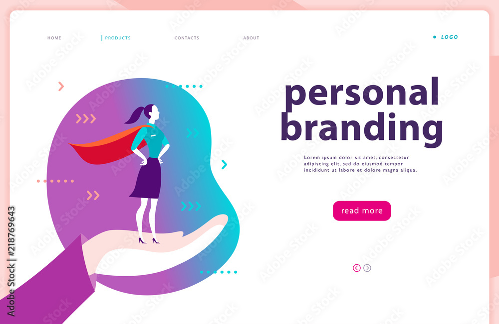 Vector web page template - personal branding, business communication, consulting, planning. Landing page design. Business lady standing as super hero on human hand. Web banner, mobile app illustration